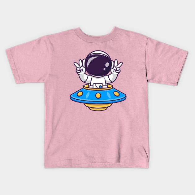 Cute Astronaut Riding UFO With Peace Sign Cartoon Kids T-Shirt by Catalyst Labs